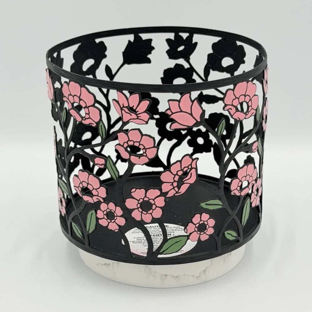 Bath & Body Works Pink Floral Toss 3-Wick Candle Holder Sleeve Black Metal